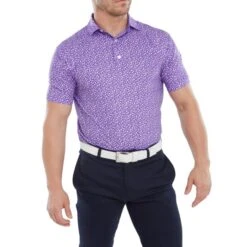FOOTJOY TOSSED TULIP PRINT POLO SHIRT – VIOLET -Golf Gear Shop FJ V W TULIP FRONT MODEL 600x600 1
